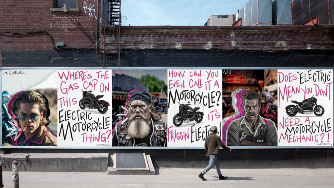 ADV student Hannah Whatley’s anti-electric campaign for LiveWire ONE electric motorcycle. Image courtesy of Hannah Whatley.