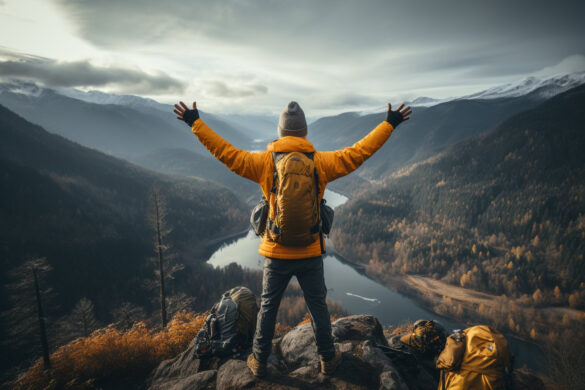 An AI-generated image of a hiker in a yellow jacket with a backpack on shown from behind with their arms outstretched overlooking the mountains. Created in Ora AI by Ross Patrick.